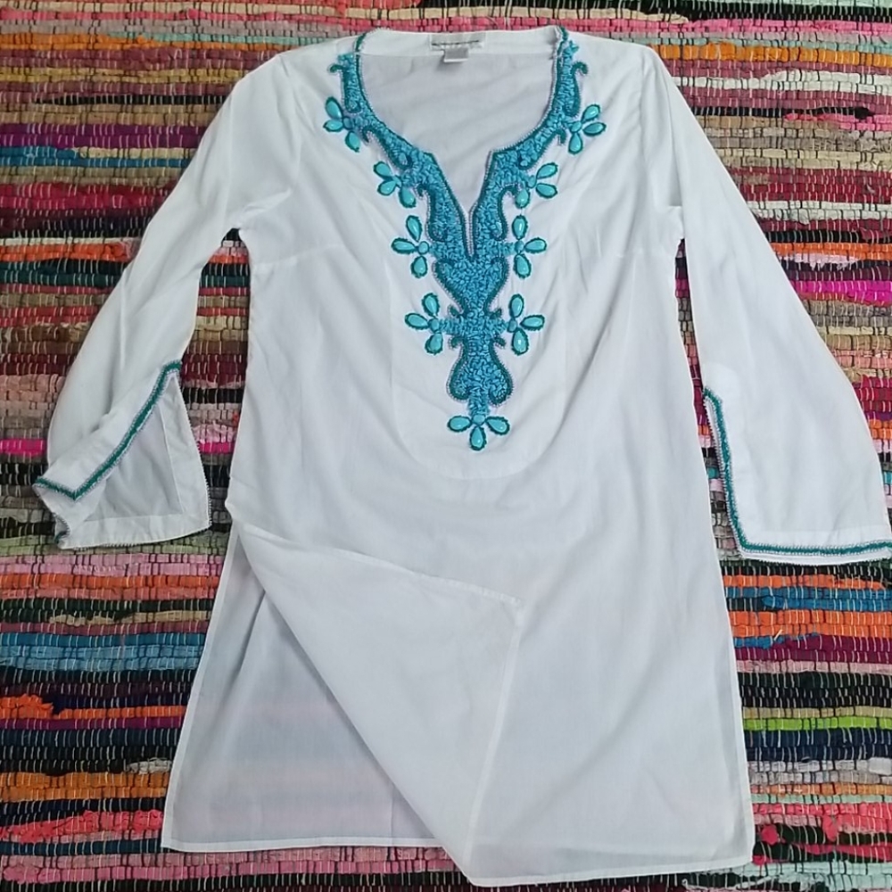 Soft Surounings Beaded White Cotton Tunic /Dress